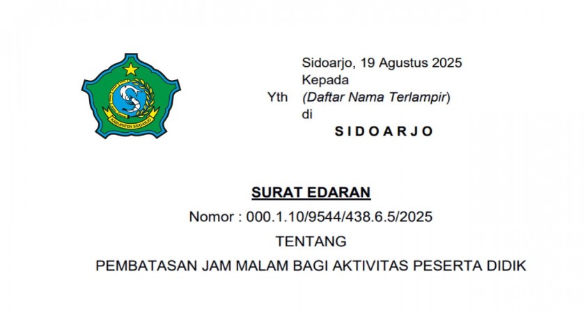 Bupati Sidoarjo Terbitkan Surat Edaran Pembatasan Jam Malam untuk Peserta Didik